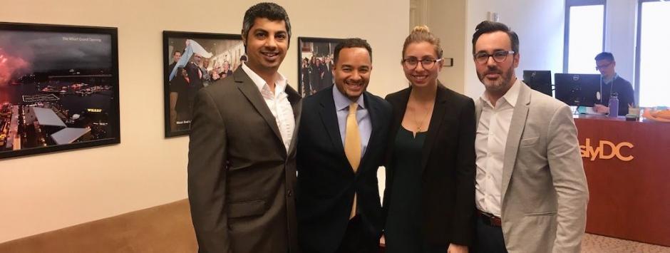 D.C. tech leaders met with Deputy Mayor Brian Kenner on April 17. From left to right: Ashwin Jayaram, CSO, Insomniac Design; Deputy Mayor Brian Kenner; Rosy Khalife, COO, Surprise Ride; and Dan Berger, CEO, Social Tables. Image courtesy of Khalife.
