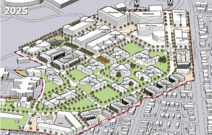 Redbrick LMD has pitched a concept plan for St. E's east that includes 716,000 square feet of commercial space, 425,866 square feet of innovation uses, 122,000 square feet of retail, 1.1 million square feet of residential (20 percent affordable), and a 150-180 key hotel.