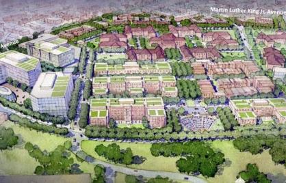 An overview of the Redbrick LMD proposal for St. Elizabeths east, at buildout.